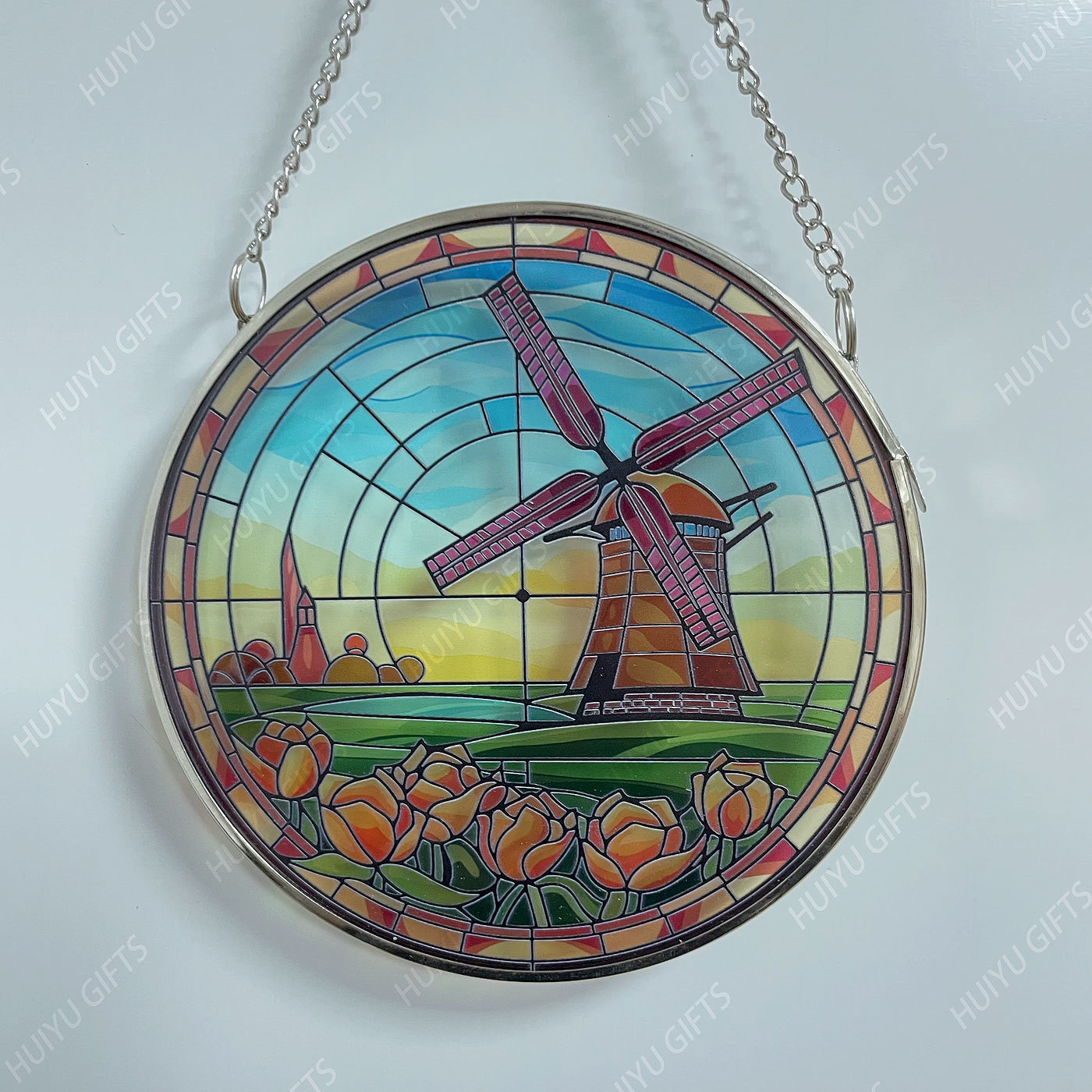 Handpainted Windmil Glass Window Hanging