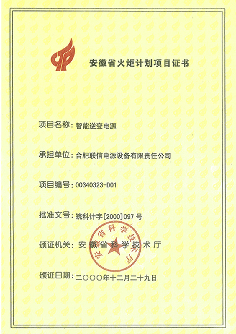 Anhui Torch Program Project Certificate