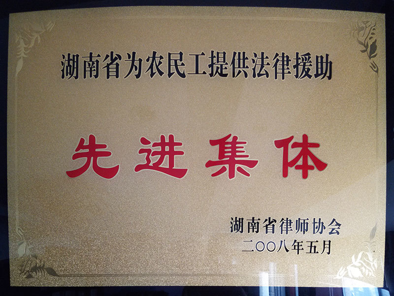 2008年省律协授予“湖南省为农民工提供法律援助先进集体” 荣誉称号；