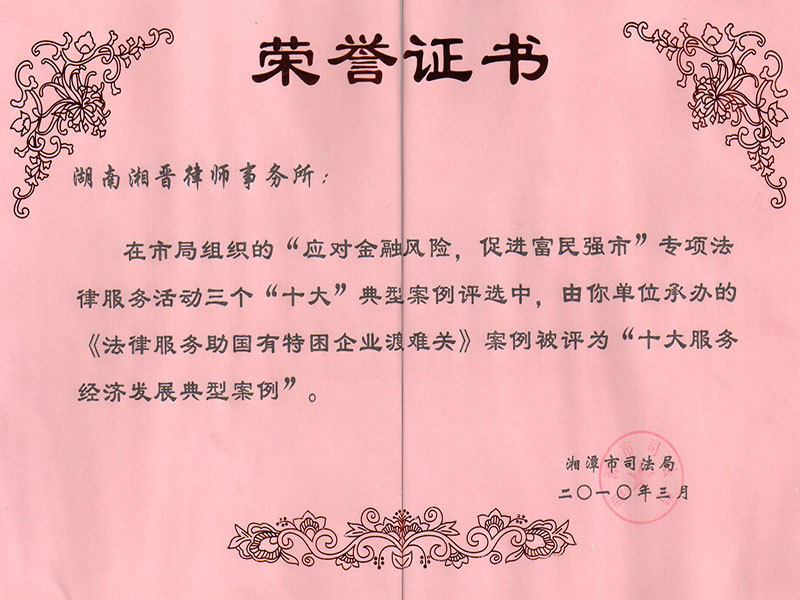 2010年3月在湘潭市司法局组织的“应对金融风险，促进富民强市”专项法律服务活动三个“十大”典型案例评选中，本所承办的《救救小金林，记一起未成年人损害赔偿纠纷》案例被评为”十大法律援助典型案例。
