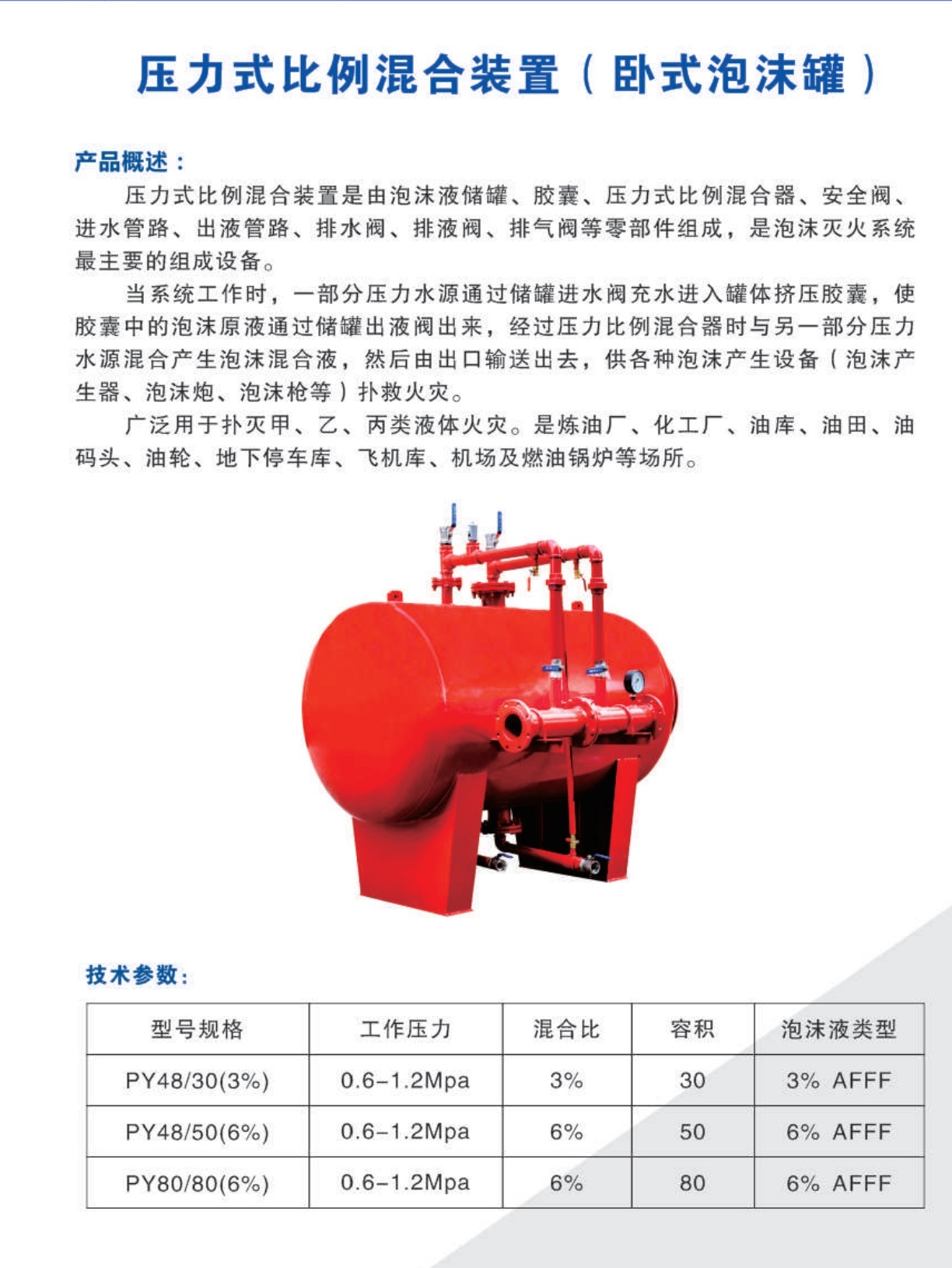 Pressure-type proportional mixing device (horizontal foam tank)
