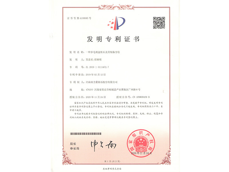 發(fā)明專利證書-一種多毛刺金剛石及其制備方法