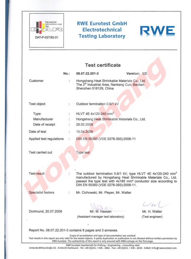 RWE certificate for LV termination RWE certificate for LV termination