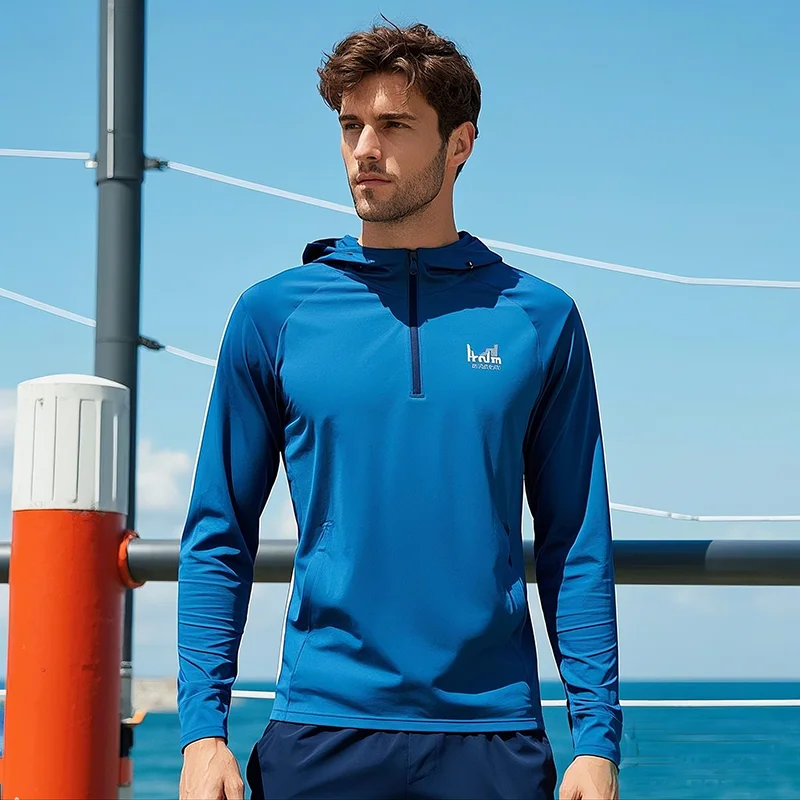 Navy Blue Men's Hooded UPF 50+ Long Sleeve Sun Shirt