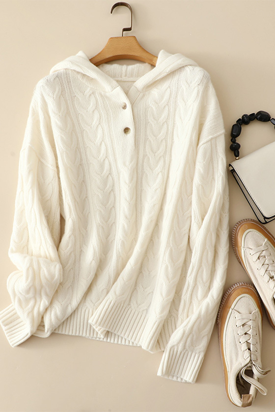 M0218 Women hoddie cable knitted 100% cashmere pullvoer