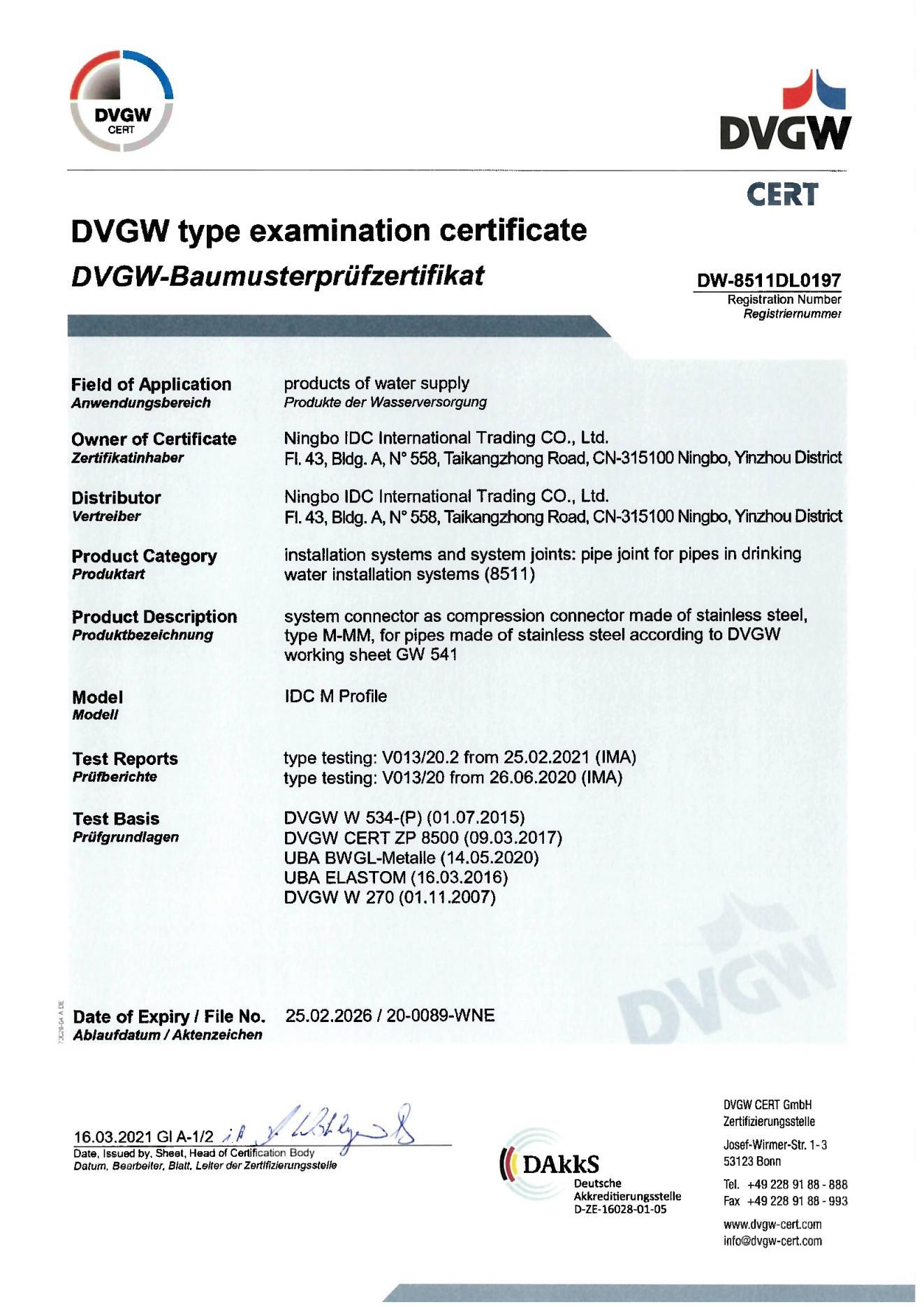 fo21051101 NB CB WRAS DVGW ACS CSTB approvals