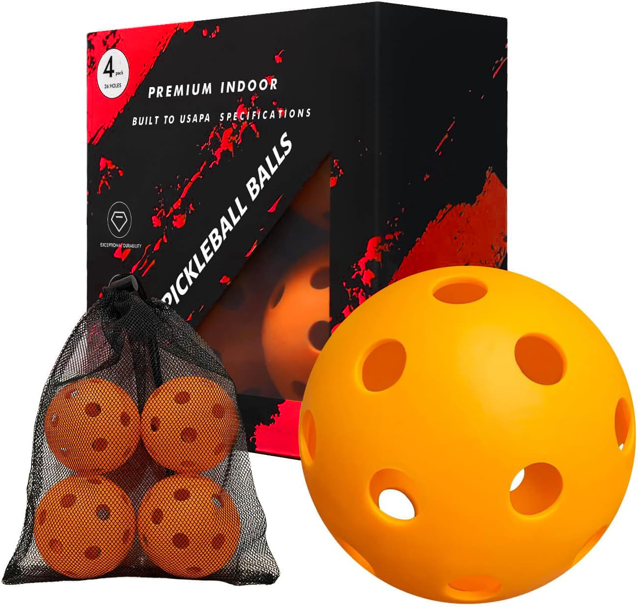 Indoor Pickleball | 26 Holes | 4-Pack, 12-Pack | Meets USAPA Specs | High-Bounce Durable Practice Pickleball for Beginner and Intermediate Players | Orange, Blue