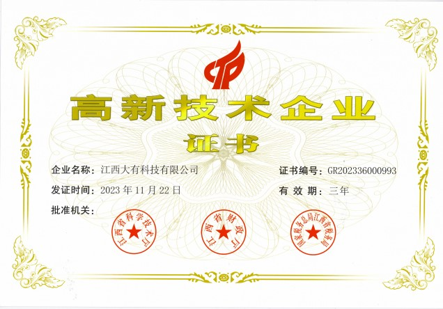 High Tech Enterprise Certificate