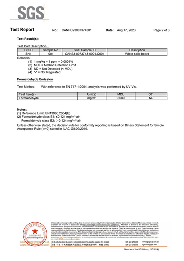 Formaldehyde test report English