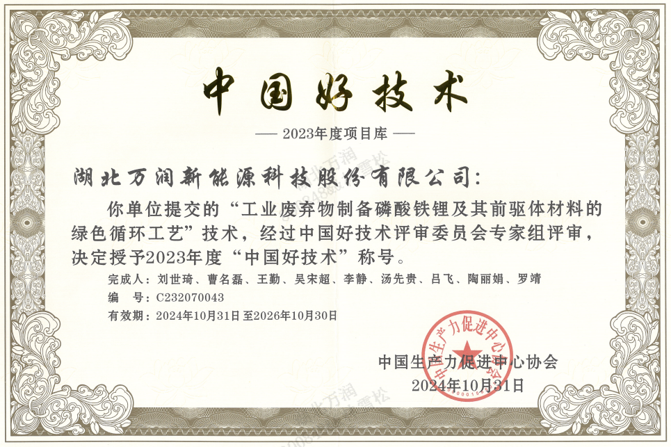 The company's project, "Green Recycling Process for the Preparation of Lithium Iron Phosphate and its Precursor Materials from Industrial Waste," was selected for the 2023 "China Good Technology" list.