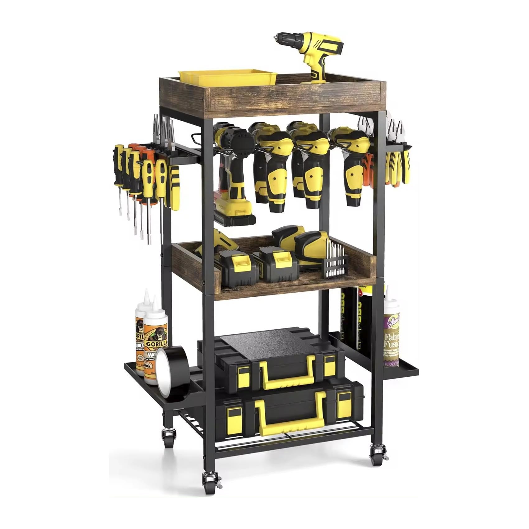Boden stehende Peg board Power Tool Organizer Box Regal rollbohrmaschine Akku-Aufbewahrung wagen auf Rädern mit 2 Seiten haken