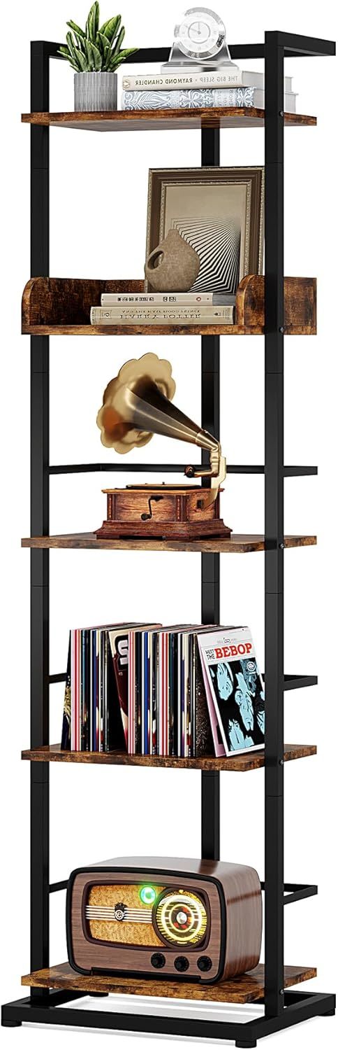 5-stufiges Holzbuchregal mit Metallschutzkante, industriell-modern, 5-stufiges Bücherregal für Zuhause, Büro, Wohnzimmer, Schlafzimmer, Buchaufbewahrung