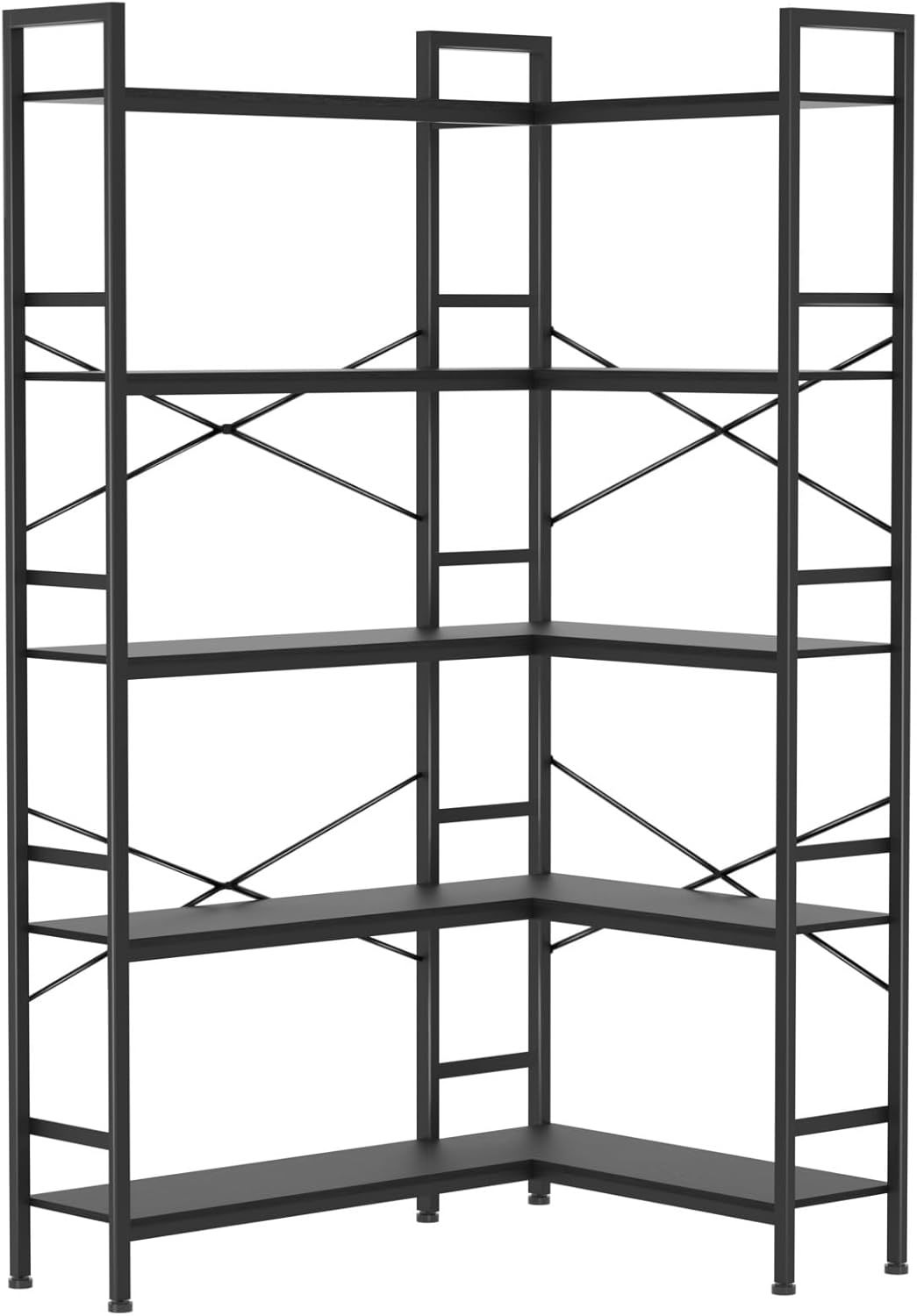 Schwarzes 5-stöckiges Eckregal mit offener Aufbewahrung, L-förmige Regale für das Design von Wohnbüros, Wohnzimmer und Schlafzimmer