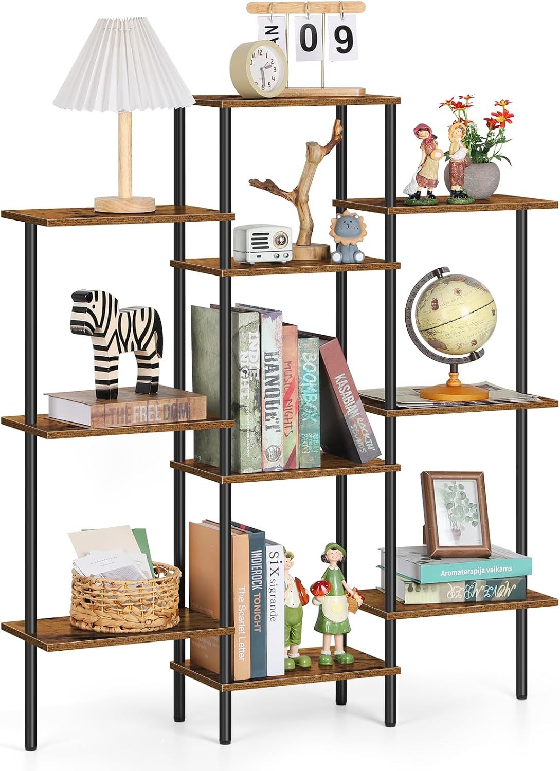 4-stufiges, dreifach breites Bücherregal mit 10 offenen Ablagen für das Home Office und das Wohnzimmer
