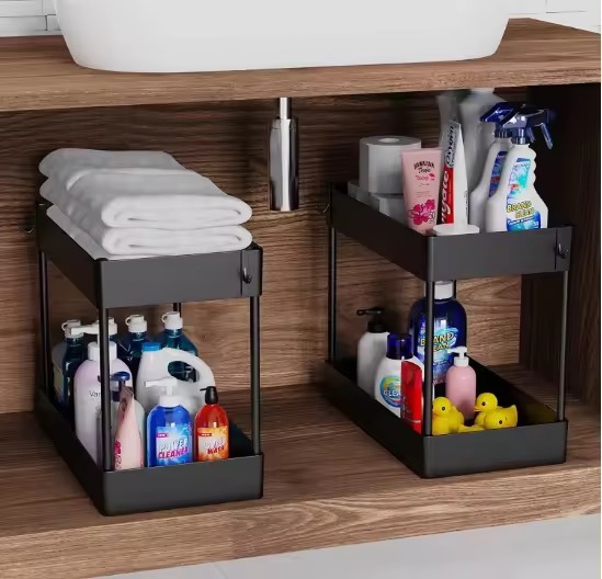Unter Waschbecken Organizer und Aufbewahrung, 2 Tier Badezimmer Organizer Rack mit Haken Hängende Tasse, Mehrzweck Bad Sammlung Körbe