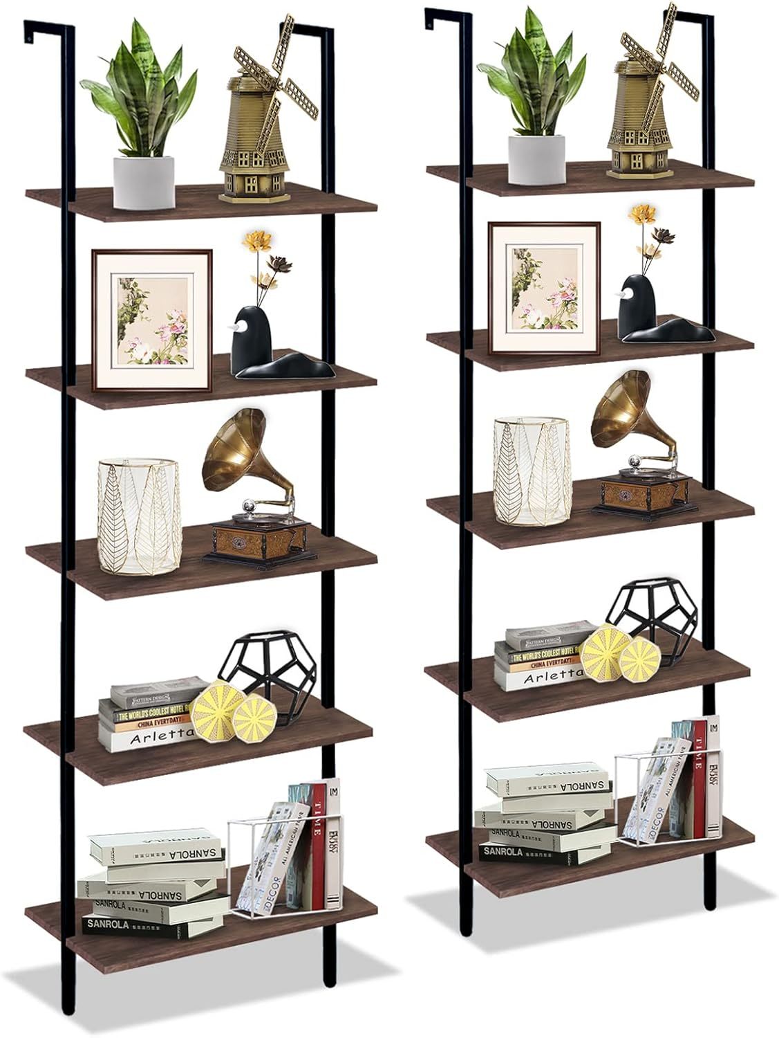 Black Modern Tall Bookshelf 5 Tiers Ladder Shelf Open Large Wall Mount Storage Industrial Decorative Bookcase Leaning