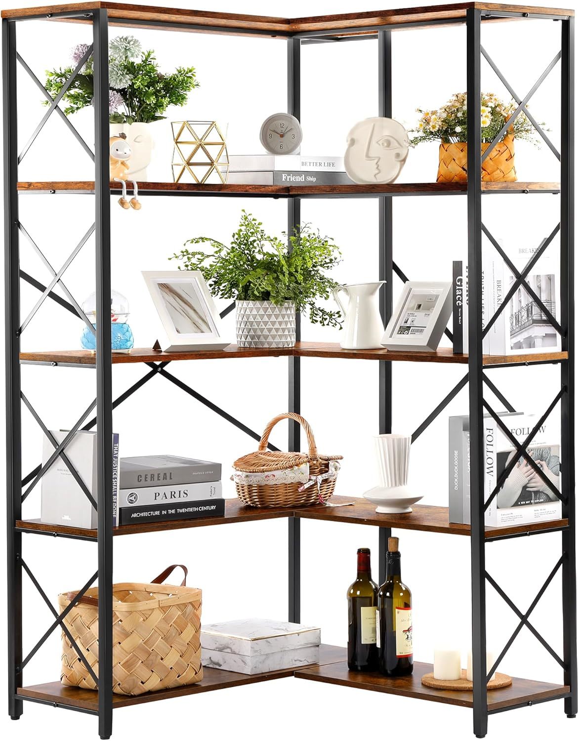 Modern Industrial 5-Tier Bookshelf Rengue Heavy Duty Metal Frame Bookcase L-Shaped Storage Display Rack Home Office Living Room