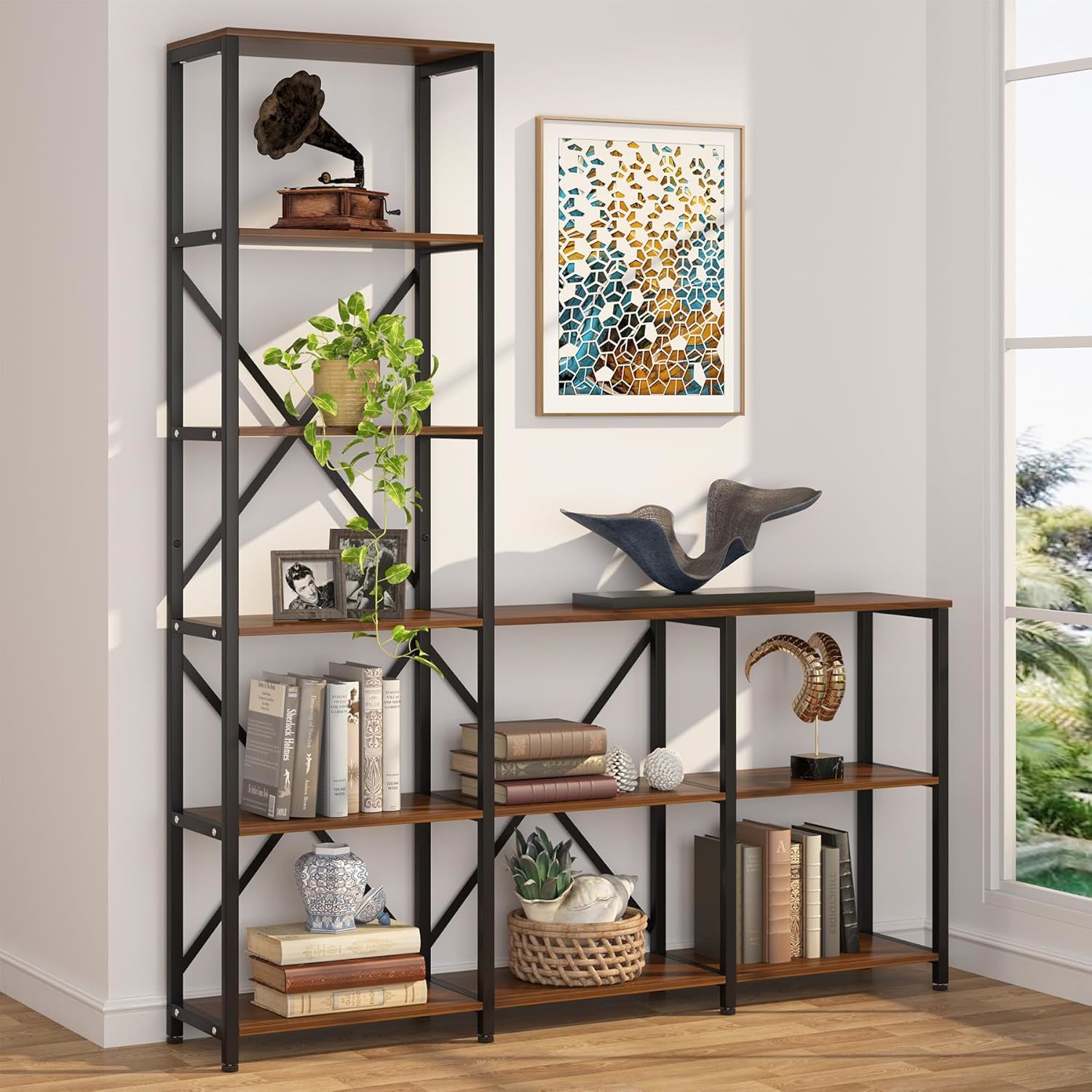 Industrial Rustic 6-Tier Open Shelf Storage Organizer 9 Shelves Bookshelves & Etagere Bookcase Ladder Corner Display Living Room