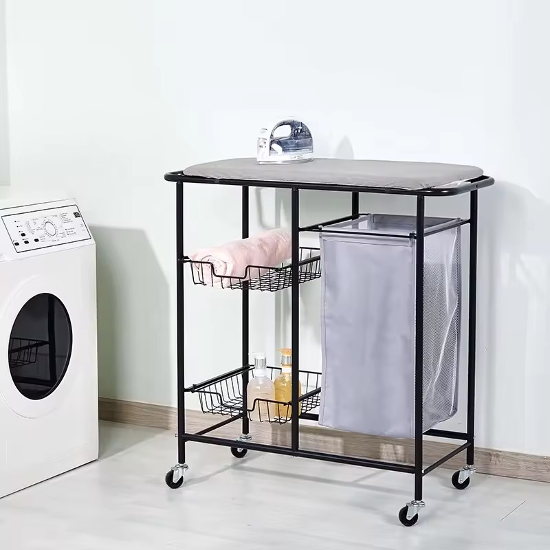 Slide Heavy-Duty Bag Rolling Laundry Sorter Laundry Cart with Ironing Board and 2 Tier Put Out Basket