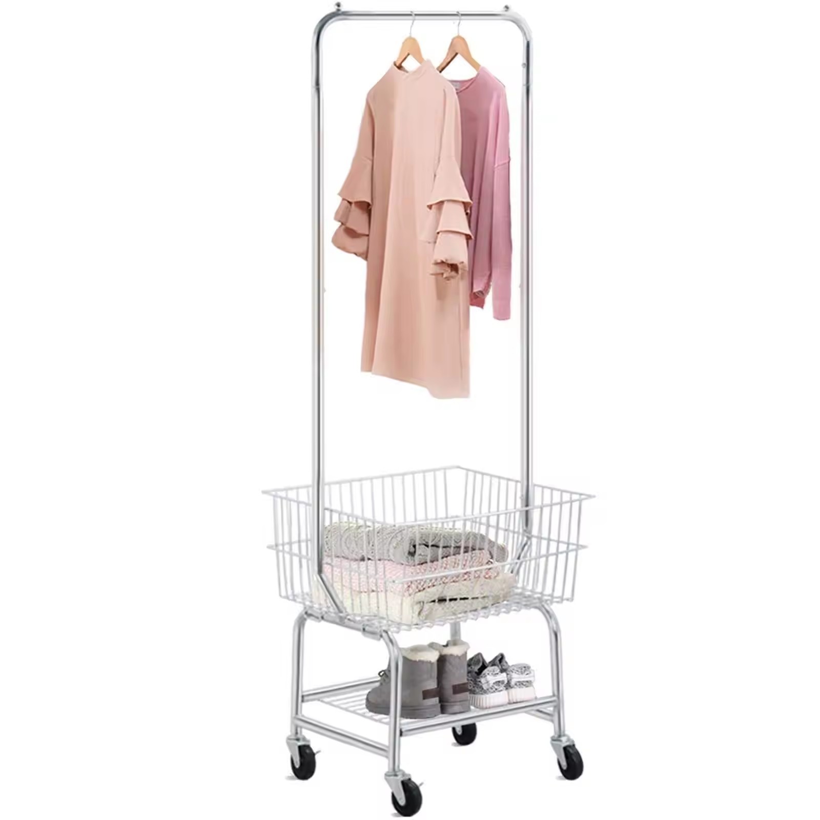 Laundry Cart with Wheels and Hanging Rack, Rolling Laundry Basket with Clothes Rack Laundry Butler with Wire Storage Rack Coat