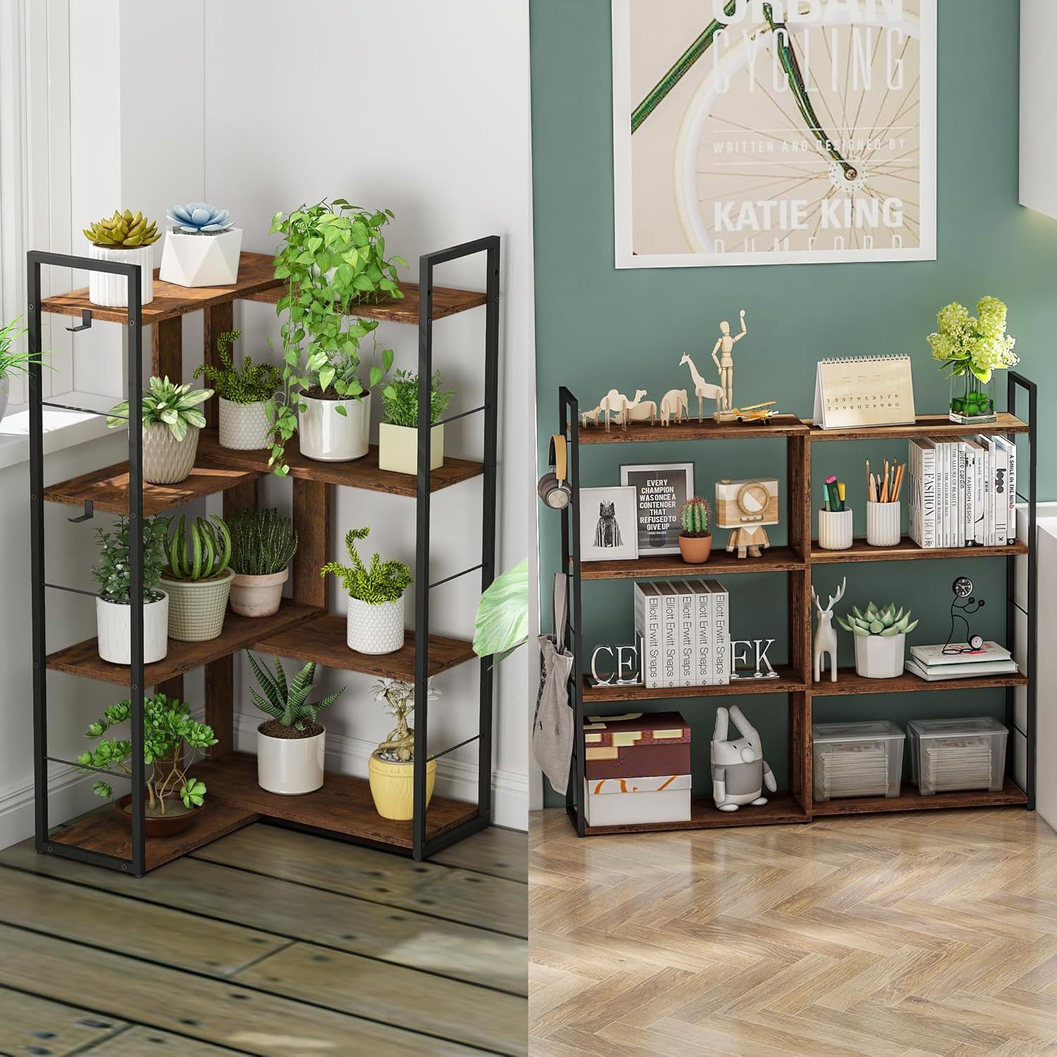 Vintage Wooden 4-Tier Adjustable L-Shaped Bookcase Rustic Brown Office Shelves-Corner Bookshelf Living Room Industrial Style