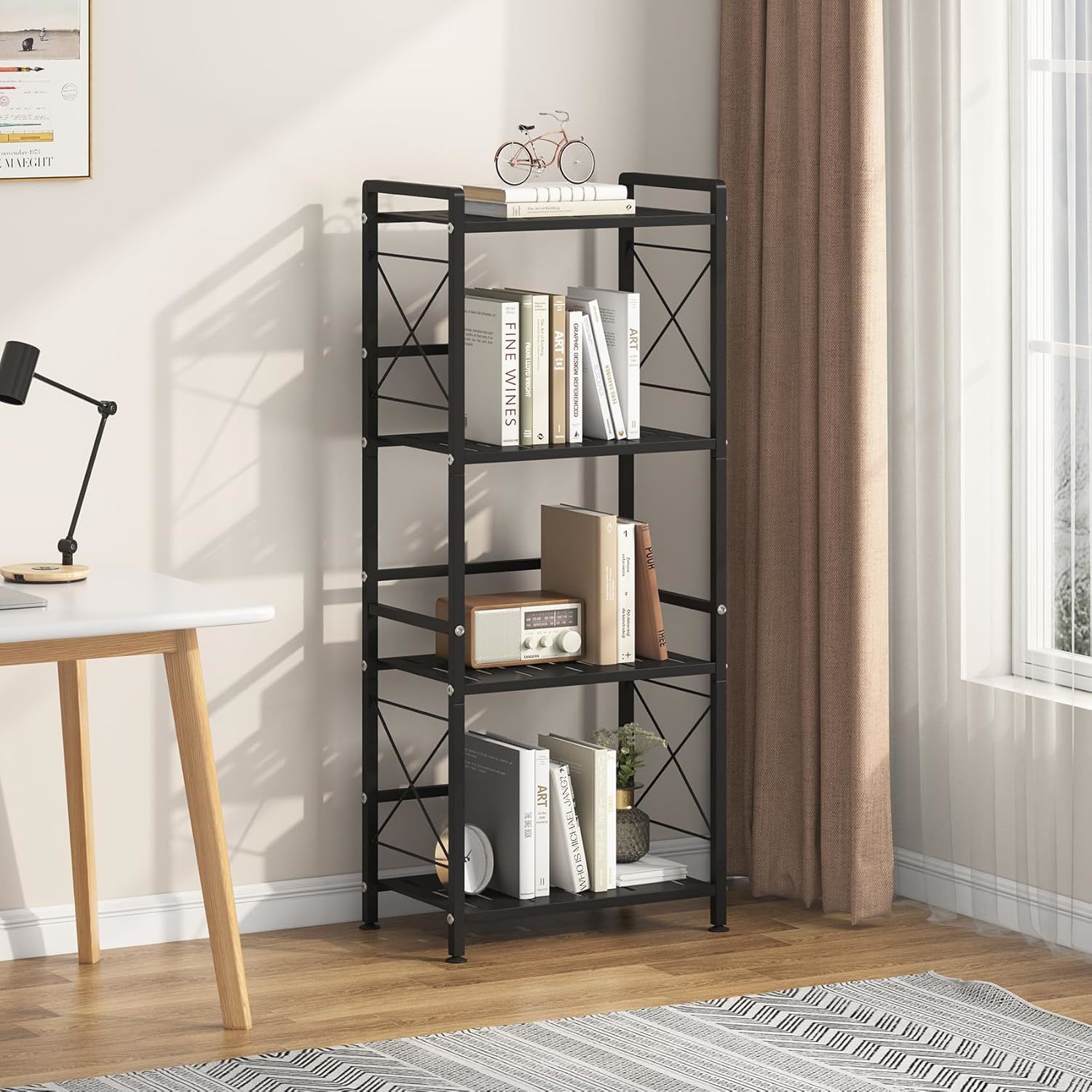 4-Tier Metal Bookshelf Widen Black Storage Organizer Display Rack for Bathroom Kitchen Living Room Bedroom or Office