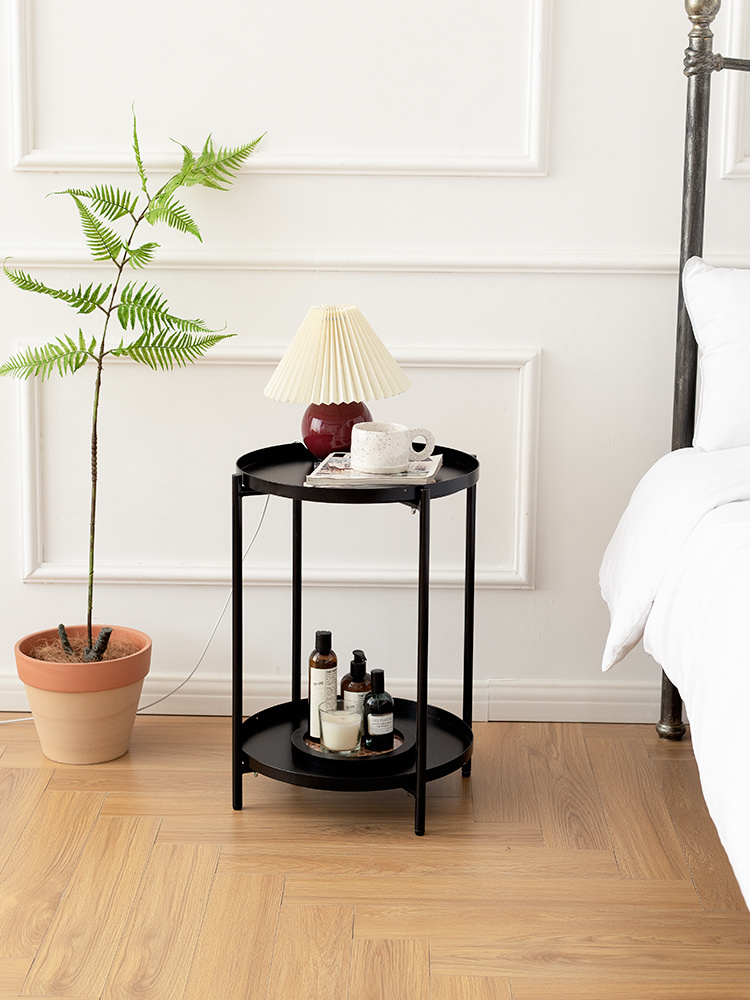 Living Room 2 Tier Round Metal Bedside Table Black End Round Table Sofa Small Table With Removable Tray