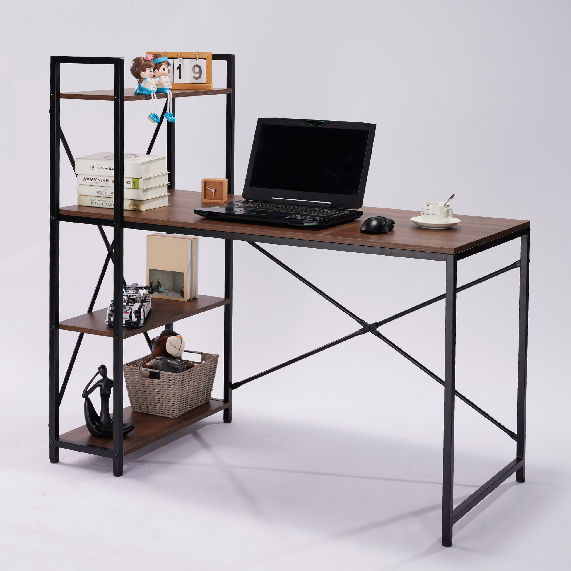 Wooden MDF Table Top Escritorios de Oficina Black Metal Computer Desk With Bookshelf