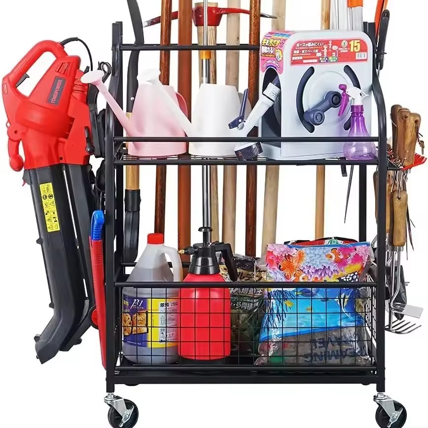 Garden Alloy Steel Tool Organizer for Garage-Yard Racks with Wheels Garage Organizers and Storage Hold Tools
