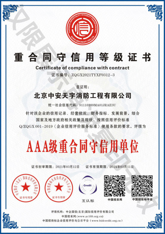 Contract and credit rating certificate AAA level