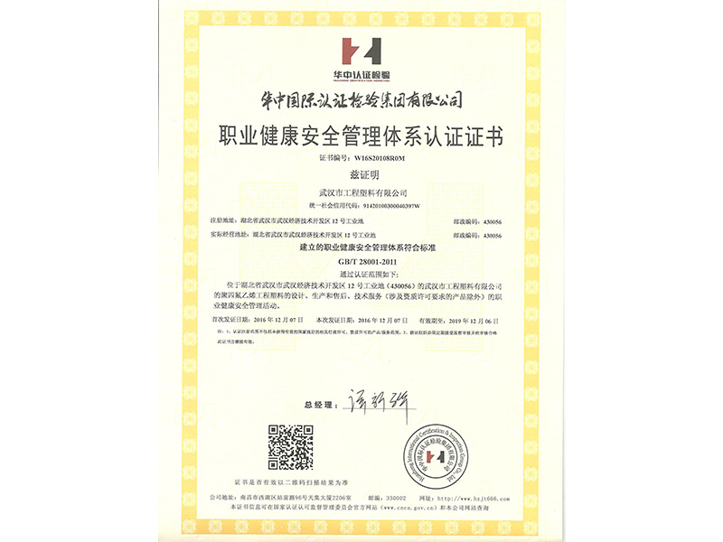 职业健康体系认证证书（中文版）