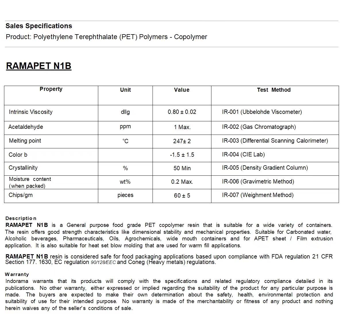 Biobased PET Physical Property Table