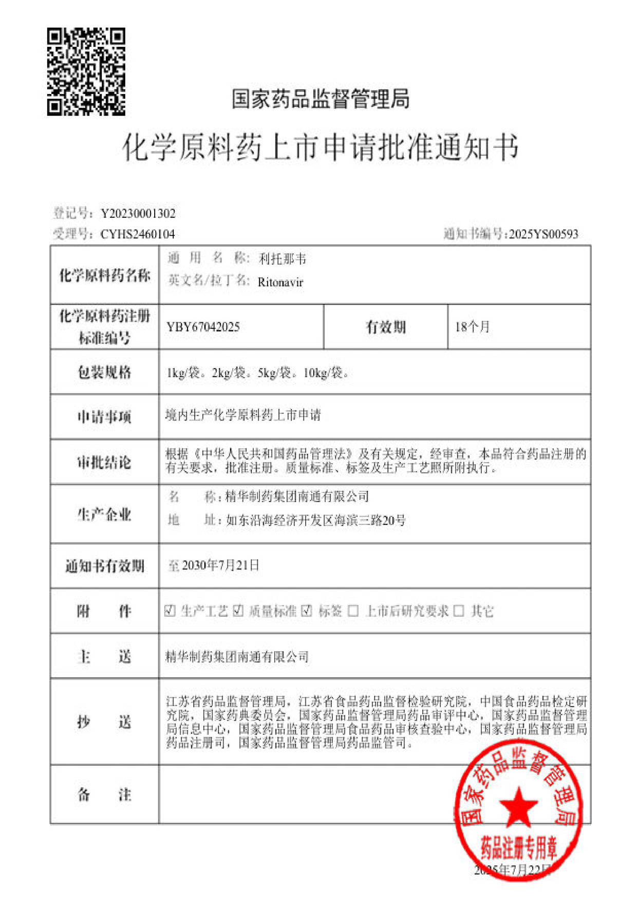 化學(xué)原料藥上市申請批準(zhǔn)通知書-利托那韋 化學(xué)原料藥上市申請批準(zhǔn)通知書-利托那韋