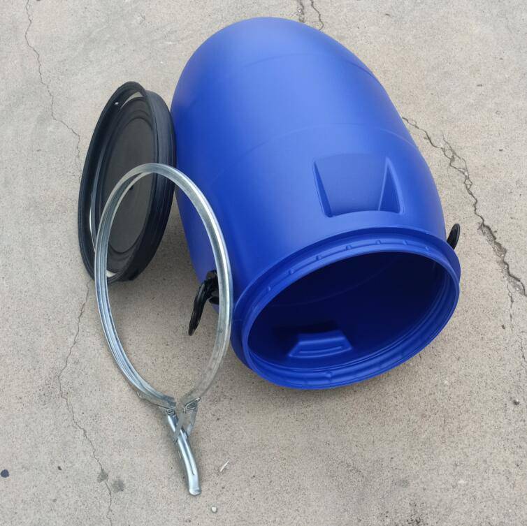 元康 铁卡箍密封50升法兰桶50L蓝色圆形包箍桶50公斤出口塑料桶