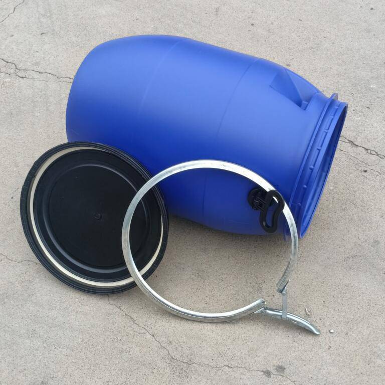 元康 铁卡箍密封50升法兰桶50L蓝色圆形包箍桶50公斤出口塑料桶