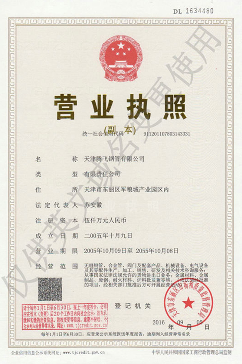 Business License of Tianjin Tengfei Steel Pipe Co., Ltd.