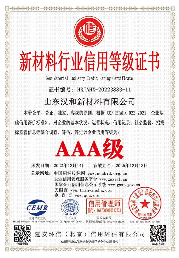 AAA级新材料行业信用等级证书