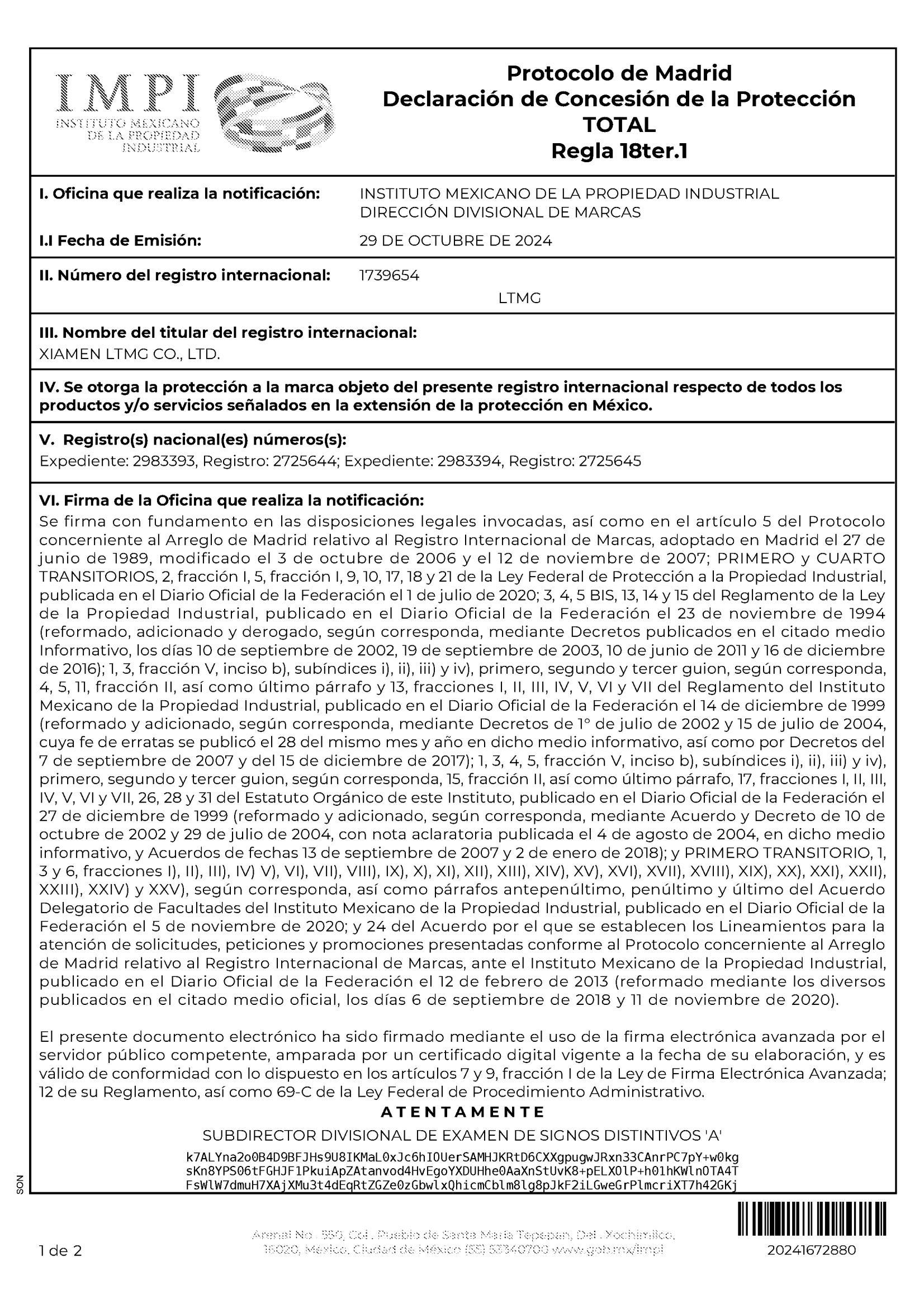 Mexico Class 12 & Class 7 Trademark Registration Certificate for LTMG