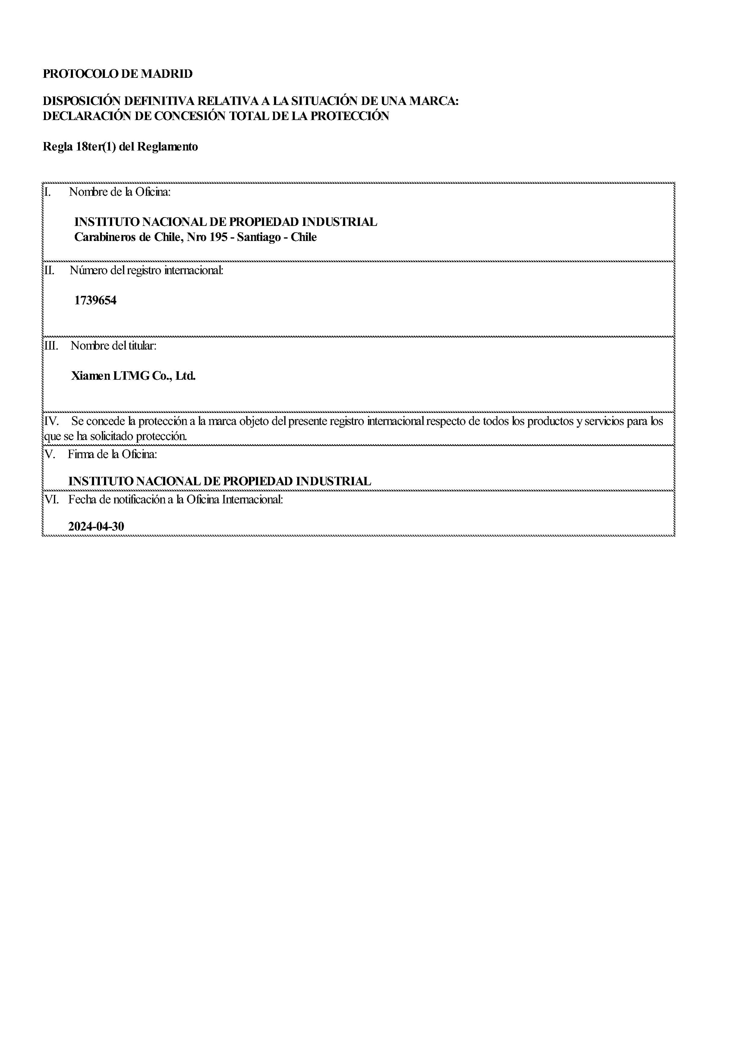 Chile Class 12 & Class 7 Trademark Registration Certificate for LTMG