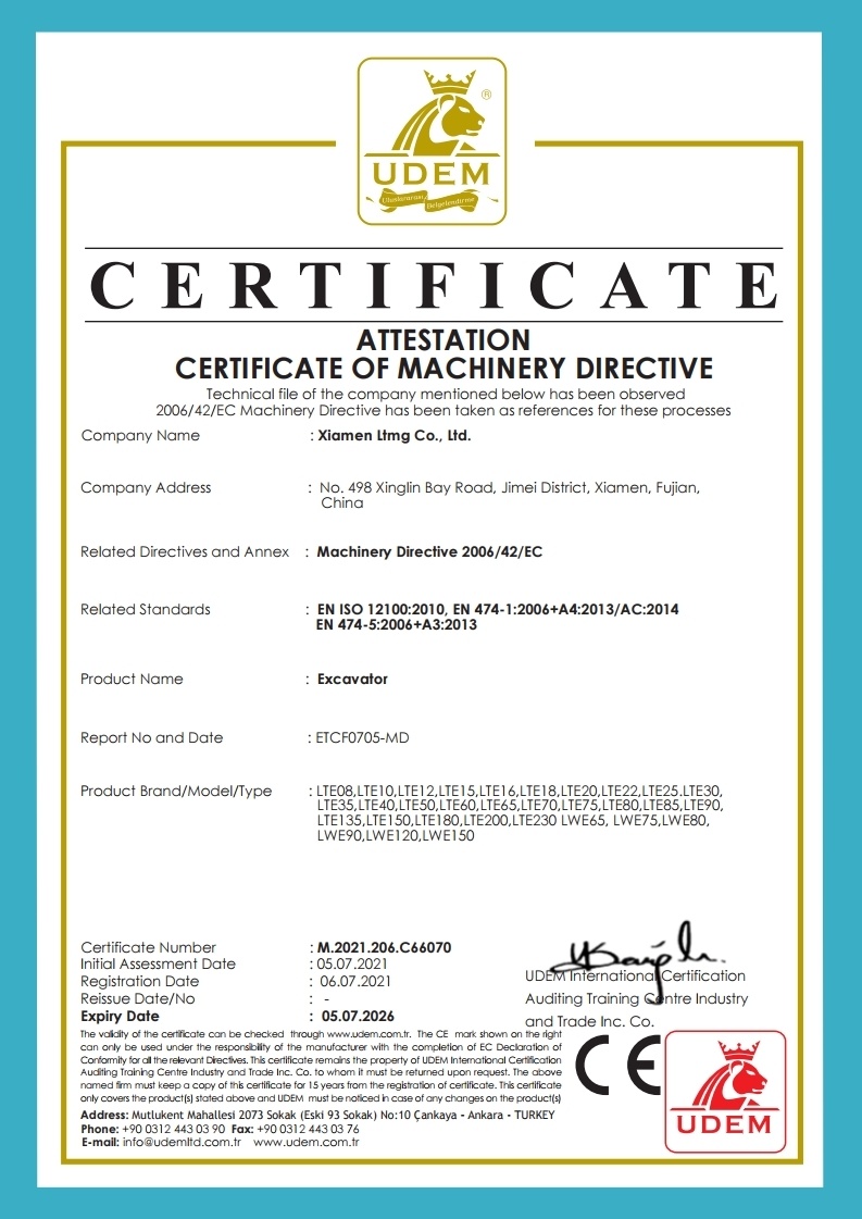 Certification CE d'excavatrice