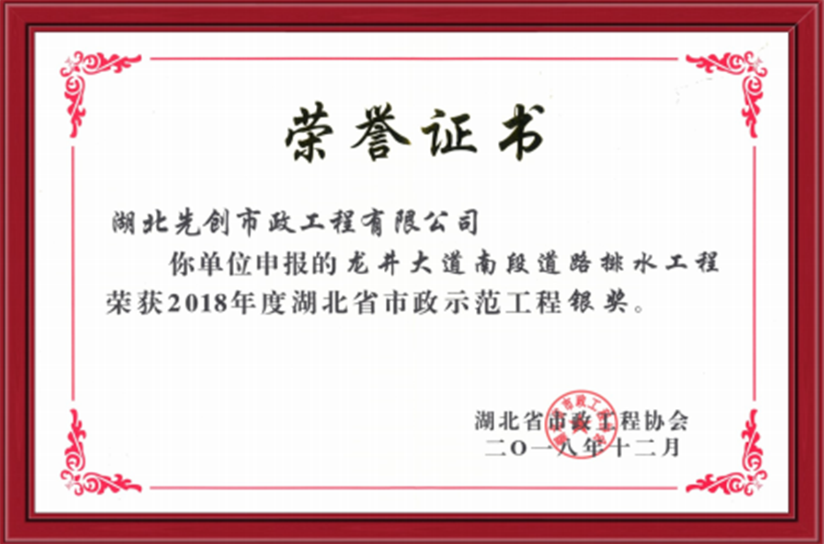 龙井大道南段道路及排水工程被评为2018年度湖北省市政示范工程银奖