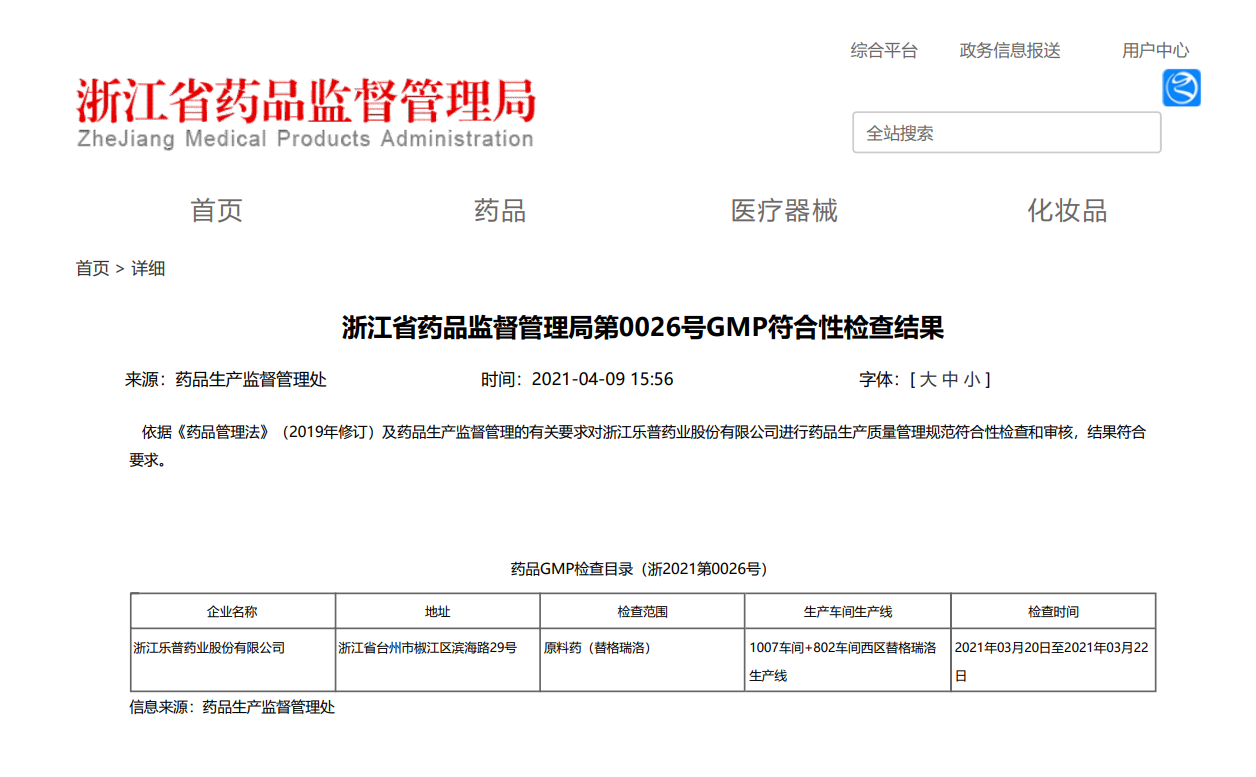 浙江太阳集团tcy8722药业替格瑞洛原料药 通过药品生产质量管理规范符合性检查和审核