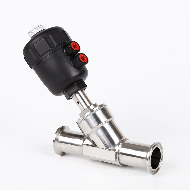 Clamped pneumatic angle seat valve with plastic actuator