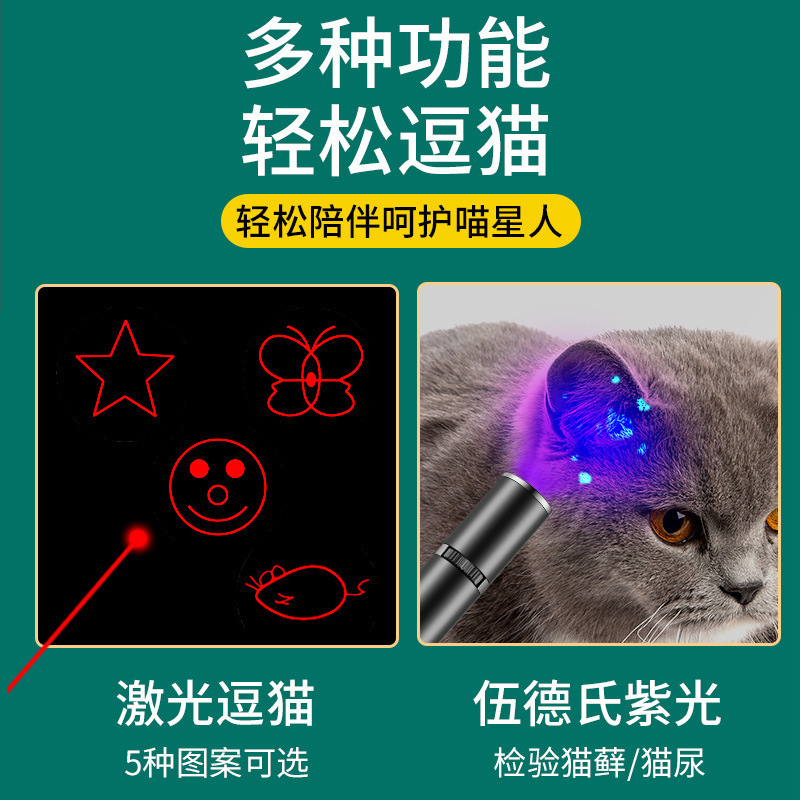 紫光貓?zhí)\燈逗貓棒玩具USB充電手電筒激光寵物玩具伍德氏五合一5mw