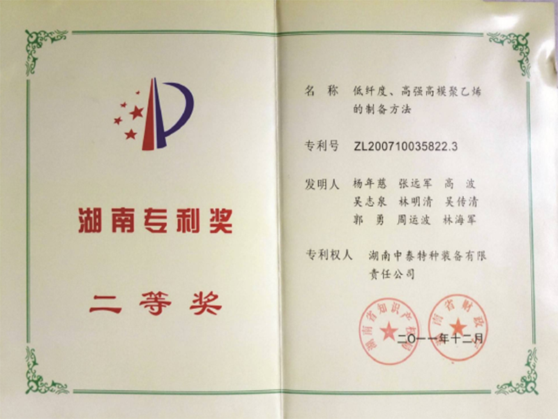 Second prize of patent——Preparation method of low fiber, high strength and high modulus polyethylene