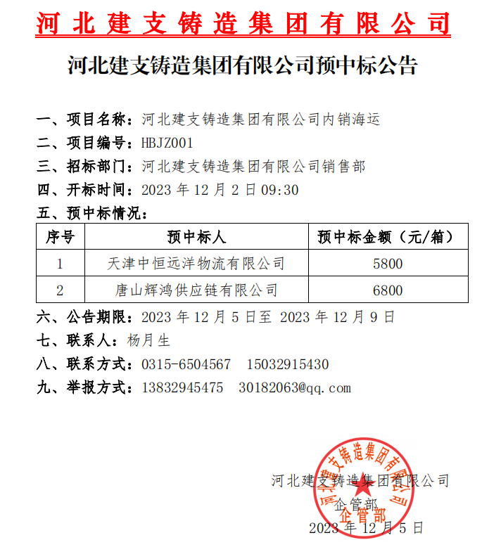 河北建支铸造集团有限公司预中标公告