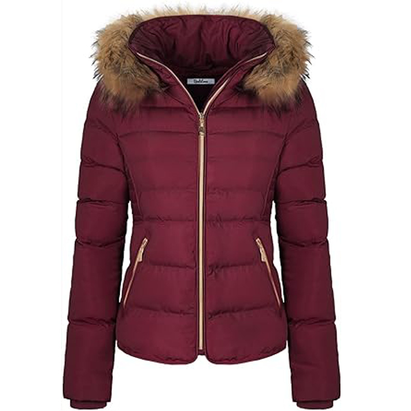 Women's Fur Hooded Puffer Jacket With Zipper Warm Fur Lining