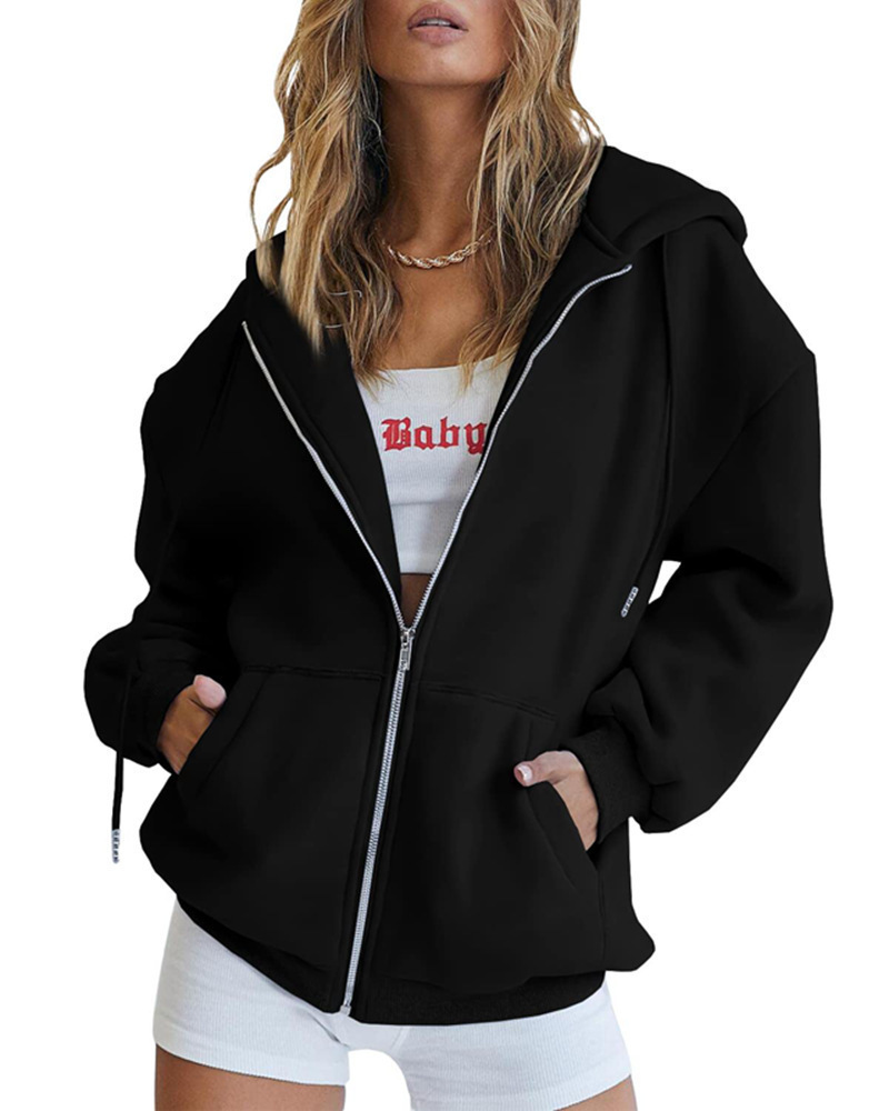 Wholesale customized women's washed double zipper fleece Hoodie women's solid color Sweatshirt double-layer Hoodie