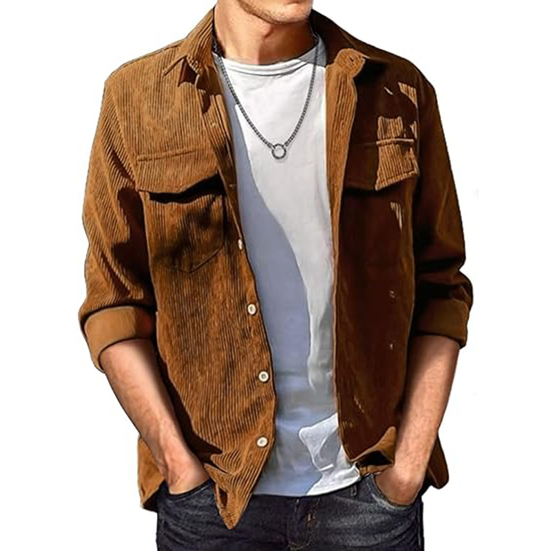 Men's Corduroy Shirt Long Sleeve Ribbed Tops Button Down Work Shirt Jacket
