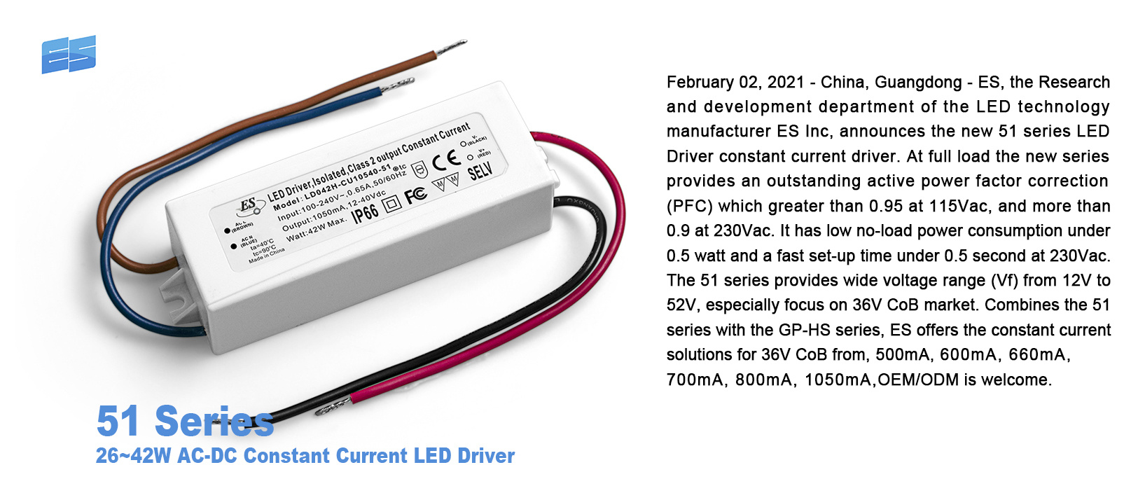 ES Launches 51 Series LED Constant Current LED Driver which focus on the 36V CoB market